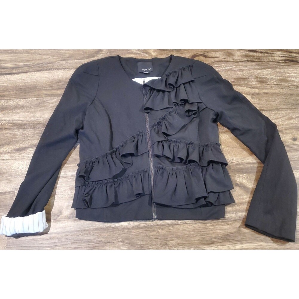 Aryn K. Women's Medium Lined Full Zip Ruffled Jacket Black